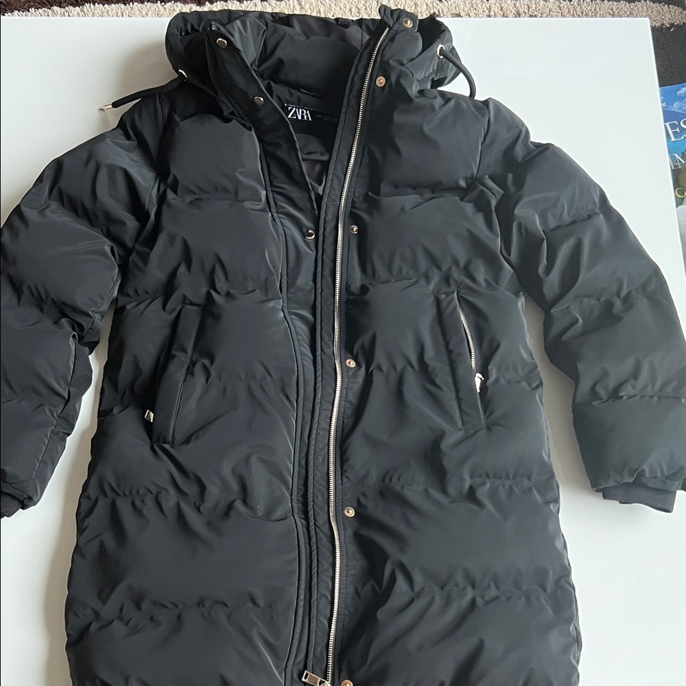 Zara Black Puffer Coat with high collar and adjustable drawstring hoodie